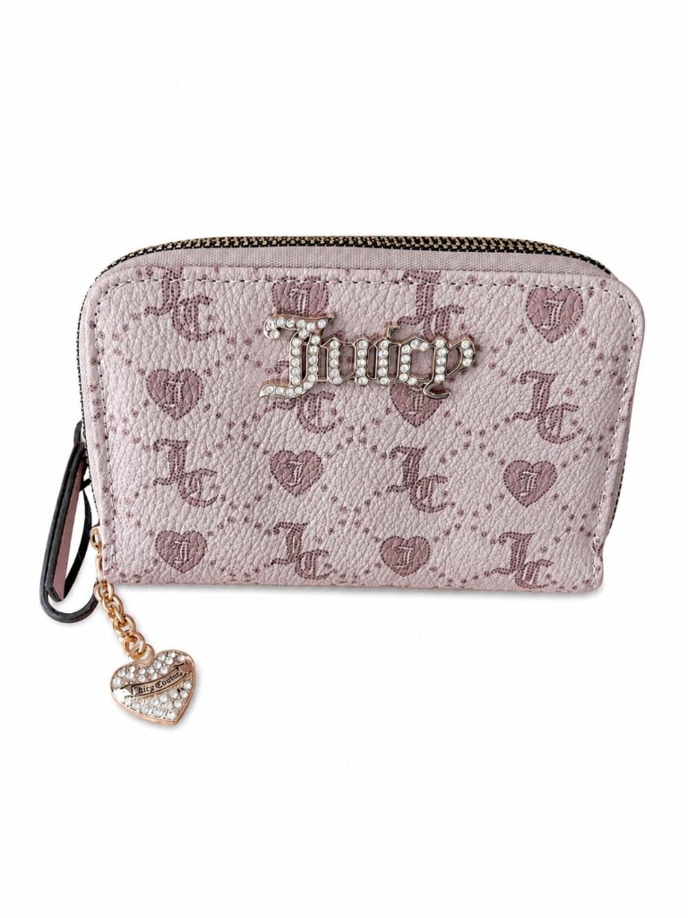 Juicy Couture Light Pink Crystal Logo double Zip-Around Wallet With Heart Charm